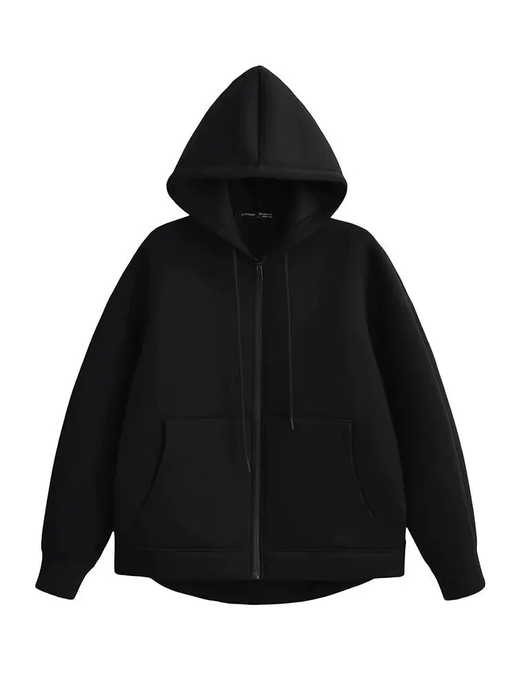 Women's Hooded Zip Jacket – Loose Casual Coat with Pockets