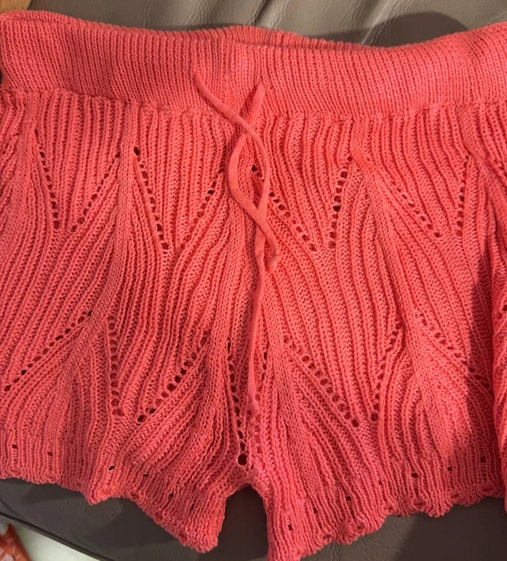 Women's Knitted Lace Beach Shorts – High Waist, Drawstring, Hollow Out Design