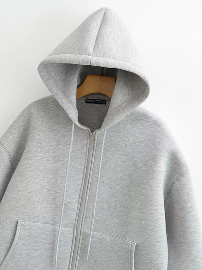 Women's Hooded Zip Jacket – Loose Casual Coat with Pockets