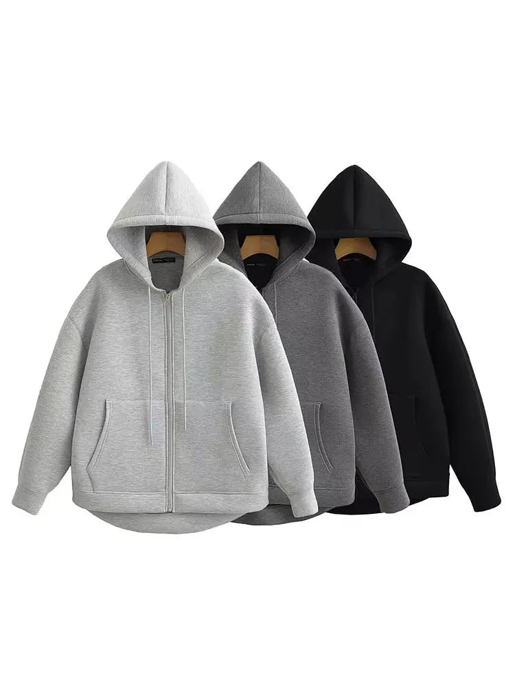 Women's Hooded Zip Jacket – Loose Casual Coat with Pockets
