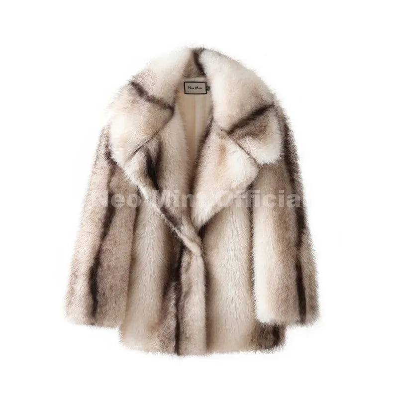 Women's Luxury Striped Faux Fur Coat – Oversized Batwing Sleeve Winter Jacket