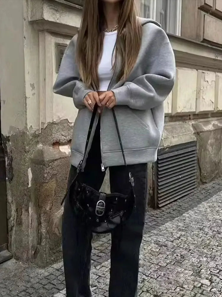 Women's Hooded Zip Jacket – Loose Casual Coat with Pockets