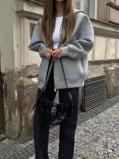 Women's Hooded Zip Jacket – Loose Casual Coat with Pockets