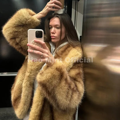 Women's Luxury Striped Faux Fur Coat – Oversized Batwing Sleeve Winter Jacket