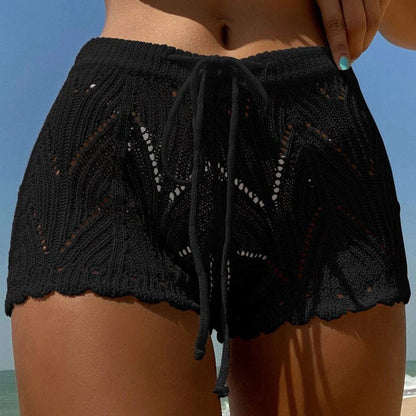Women's Knitted Lace Beach Shorts – High Waist, Drawstring, Hollow Out Design