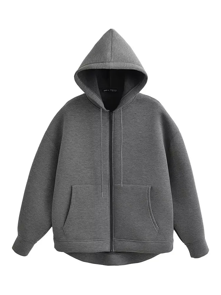 Women's Hooded Zip Jacket – Loose Casual Coat with Pockets