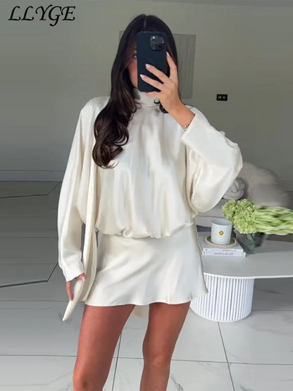 Elegant Lace-Up Satin Mini Dress – Pleated Half-High Collar & Long Sleeves