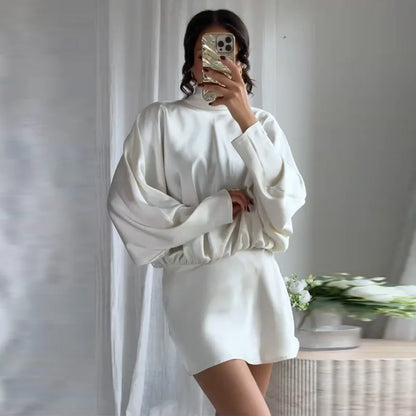 Elegant Lace-Up Satin Mini Dress – Pleated Half-High Collar & Long Sleeves