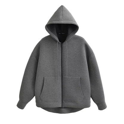 Women's Hooded Zip Jacket – Loose Casual Coat with Pockets