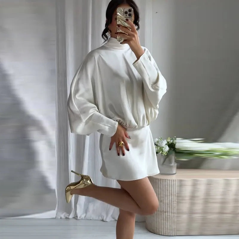 Elegant Lace-Up Satin Mini Dress – Pleated Half-High Collar & Long Sleeves
