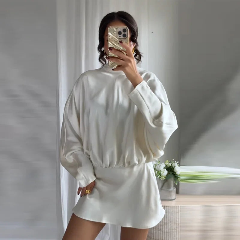 Elegant Lace-Up Satin Mini Dress – Pleated Half-High Collar & Long Sleeves