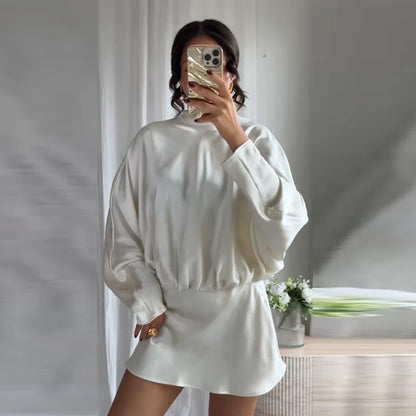 Elegant Lace-Up Satin Mini Dress – Pleated Half-High Collar & Long Sleeves