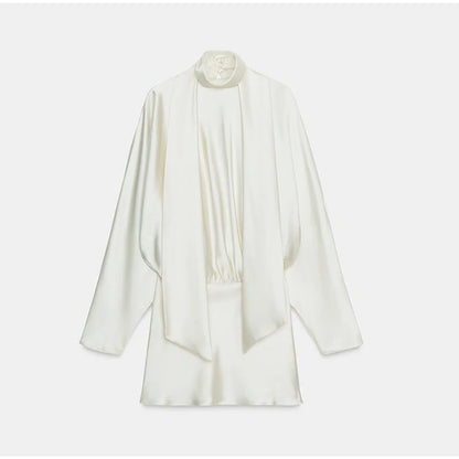Elegant Lace-Up Satin Mini Dress – Pleated Half-High Collar & Long Sleeves