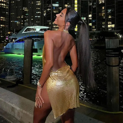 Women's Sequin Slit Mini Skirt – Backless Halter Neck Party Dress