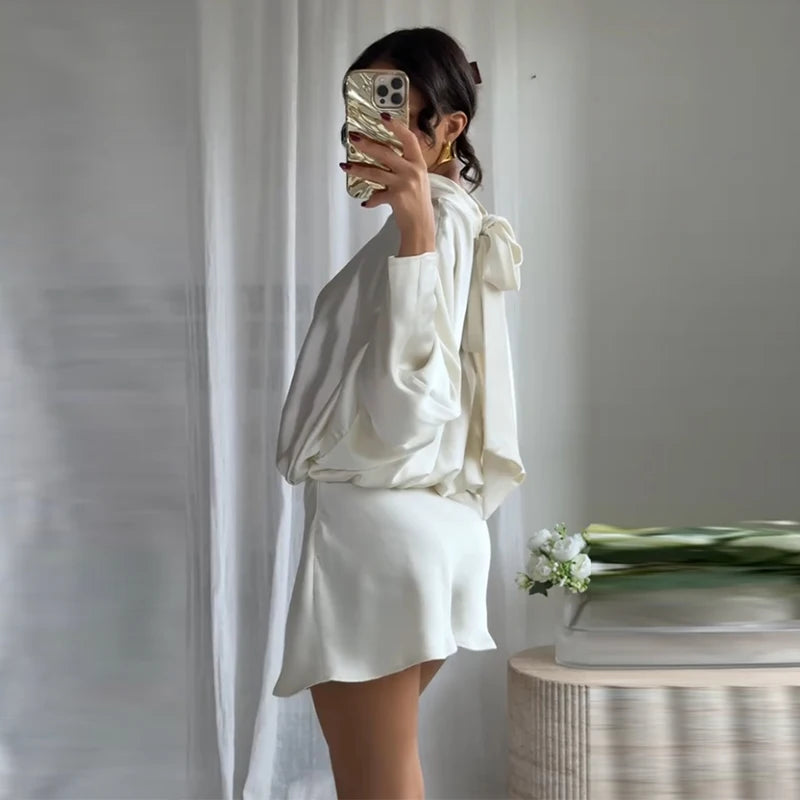 Elegant Lace-Up Satin Mini Dress – Pleated Half-High Collar & Long Sleeves