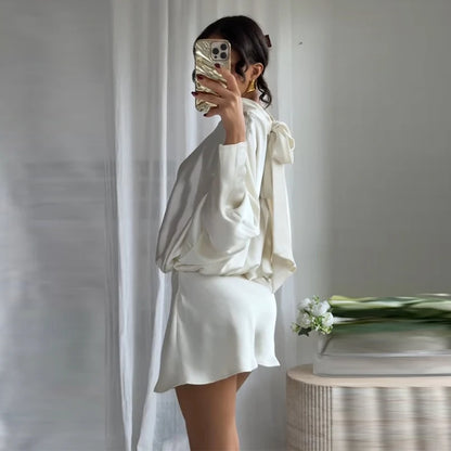Elegant Lace-Up Satin Mini Dress – Pleated Half-High Collar & Long Sleeves