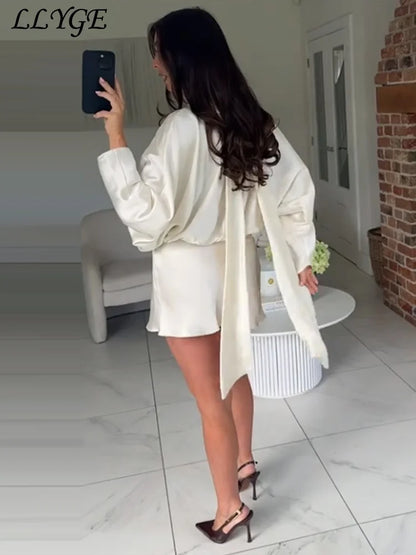 Elegant Lace-Up Satin Mini Dress – Pleated Half-High Collar & Long Sleeves