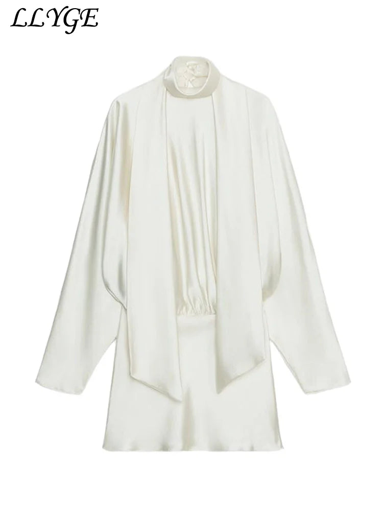 Elegant Lace-Up Satin Mini Dress – Pleated Half-High Collar & Long Sleeves