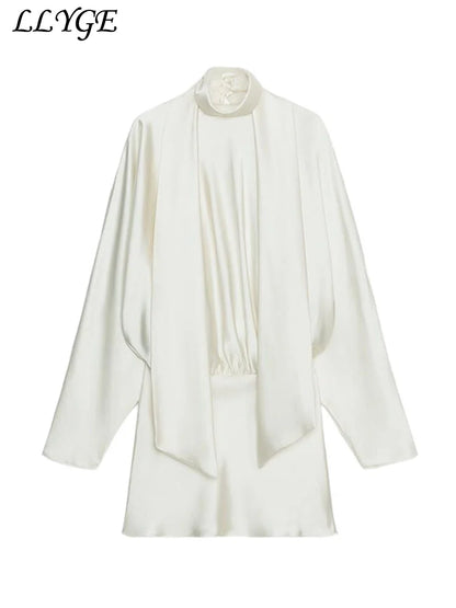 Elegant Lace-Up Satin Mini Dress – Pleated Half-High Collar & Long Sleeves