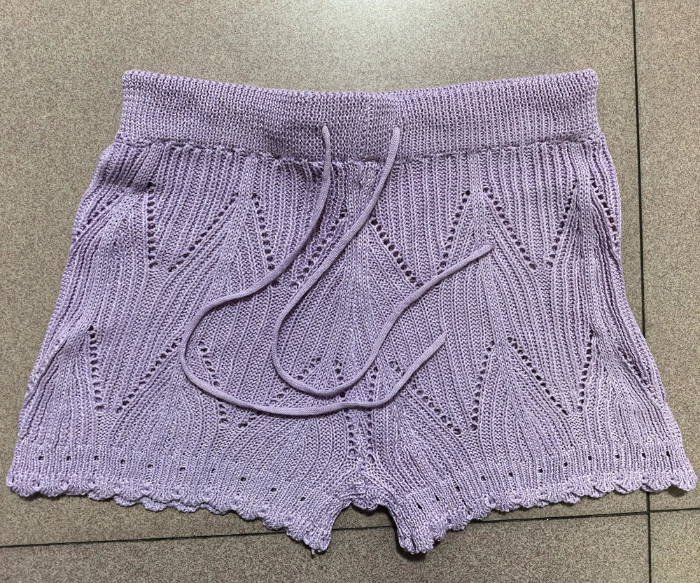 Women's Knitted Lace Beach Shorts – High Waist, Drawstring, Hollow Out Design