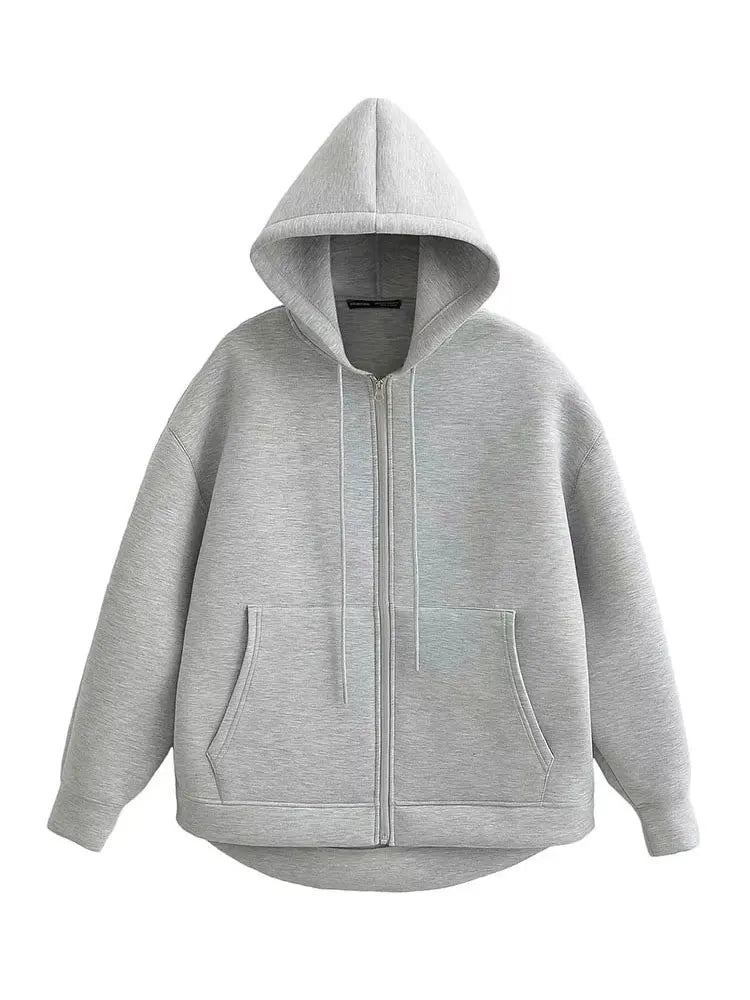 Women's Hooded Zip Jacket – Loose Casual Coat with Pockets