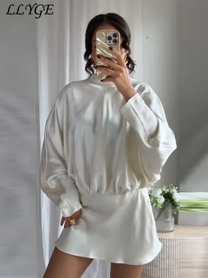 Elegant Lace-Up Satin Mini Dress – Pleated Half-High Collar & Long Sleeves