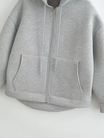 Women's Hooded Zip Jacket – Loose Casual Coat with Pockets