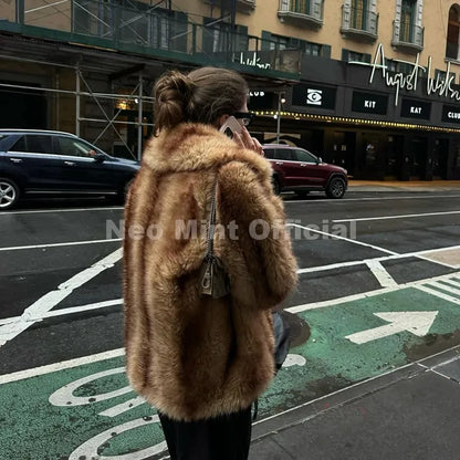 Women's Luxury Striped Faux Fur Coat – Oversized Batwing Sleeve Winter Jacket