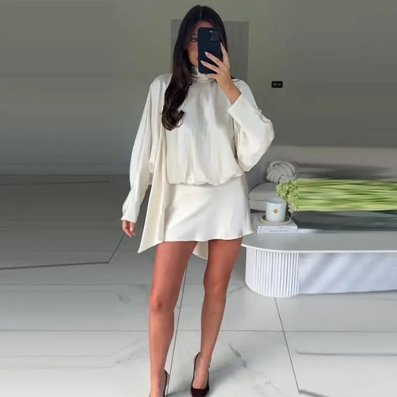 Elegant Lace-Up Satin Mini Dress – Pleated Half-High Collar & Long Sleeves